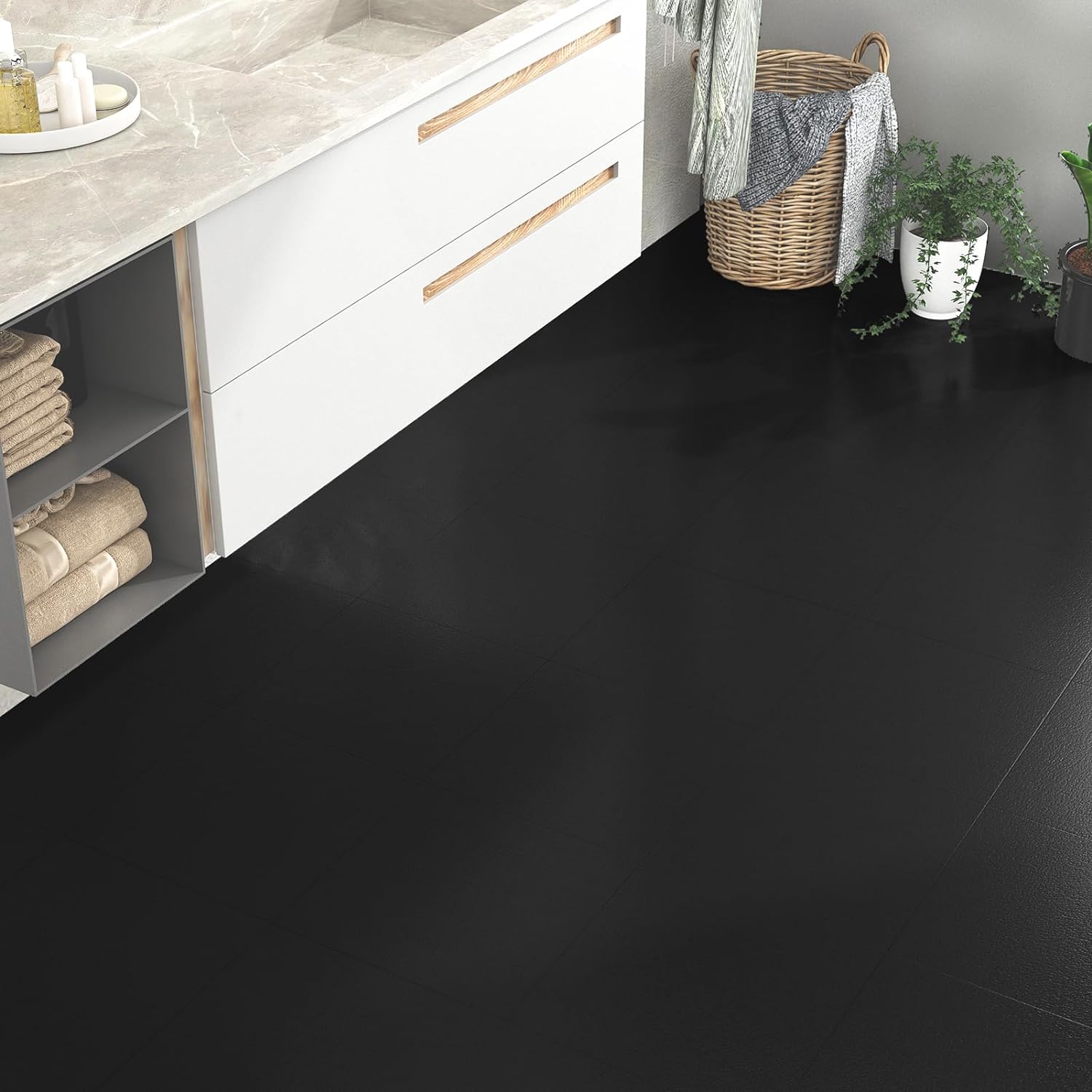 Pure Black Floor Tiles Peel and Stick Vinyl Flooring